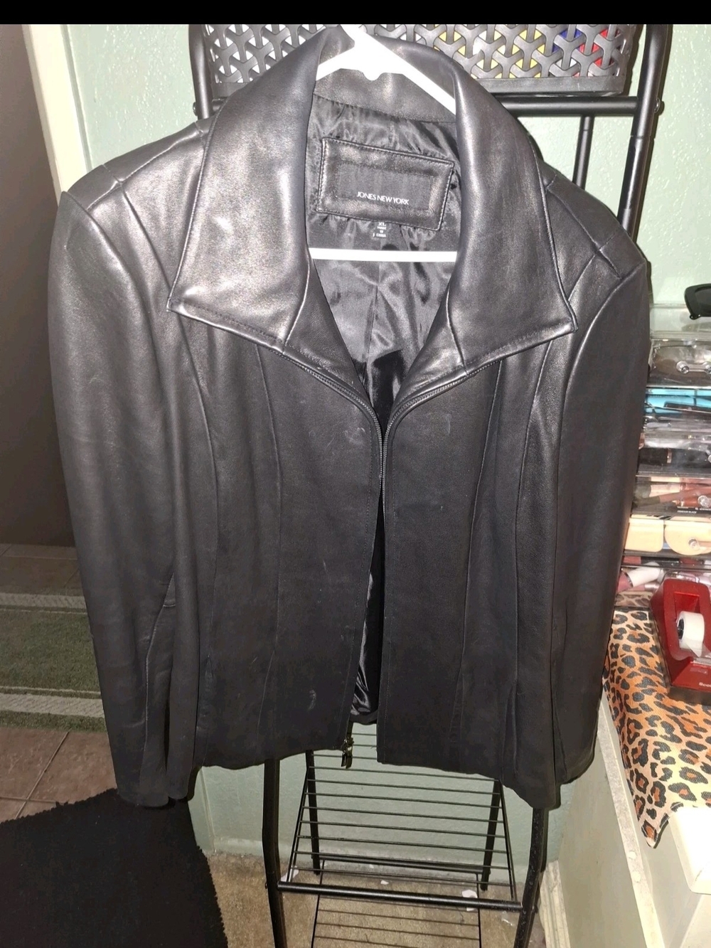 Jones New York Women's Black Leather Zip Jacket